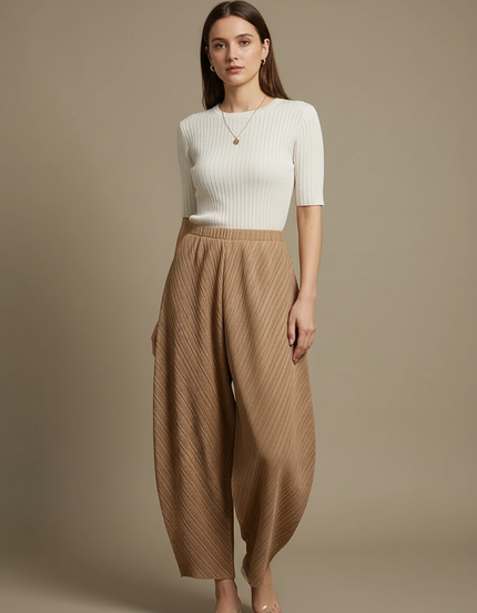 Pantalon Japonais Plissé Ample Marron Texturé Élégant - Polyester
