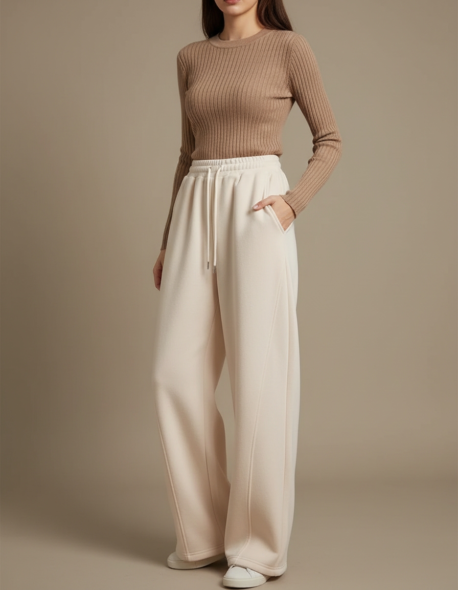 Pantalon Japonais Crème Molleton Large Confortable Chaud - Beige
