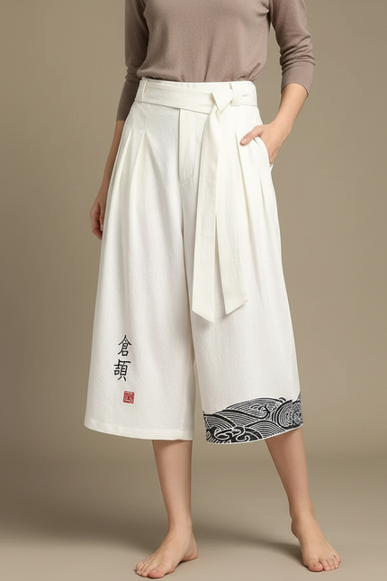 Pantalon Japonais Blanc Ample Lin Brodé Vagues