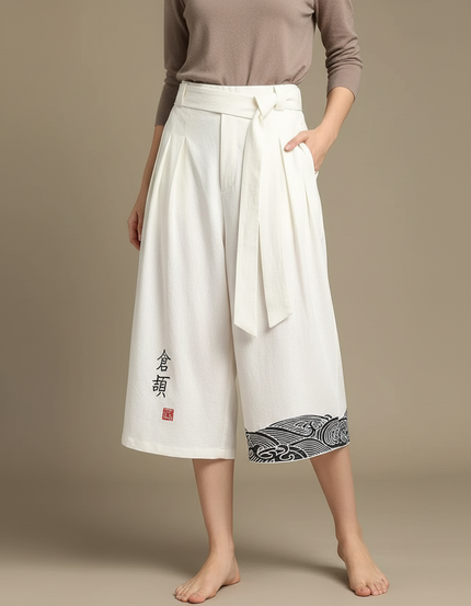 Pantalon Japonais Blanc Ample Lin Brodé Vagues