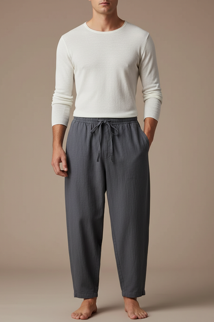 Pantalon Japonais Gris Lin Ample Cordon Homme