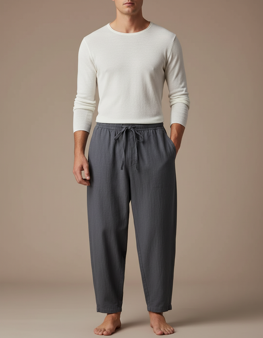 Pantalon Japonais Gris Lin Ample Cordon Homme