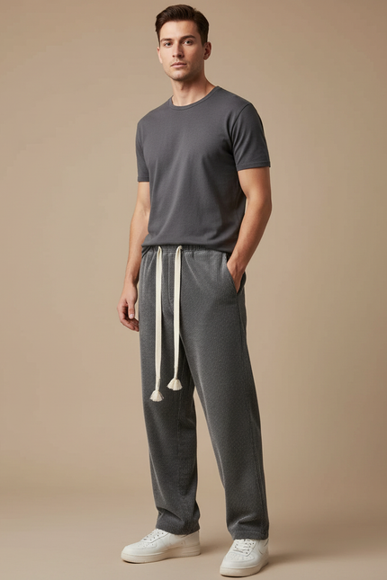 Pantalon Japonais Velours Côtelé Gris Ample Décontracté Cordon - Cordé