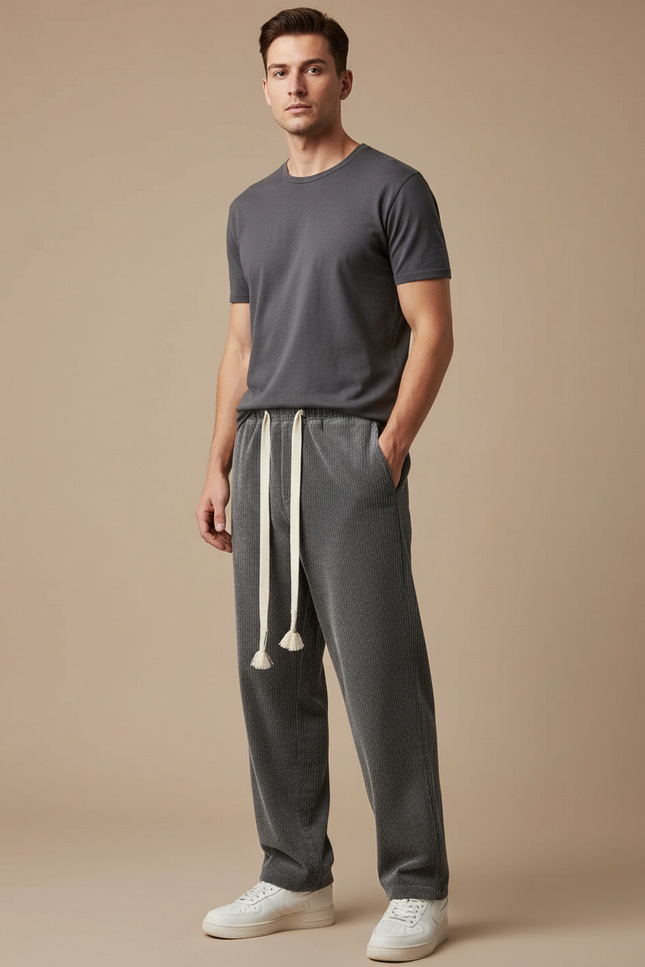 Pantalon Japonais Velours Côtelé Gris Ample Décontracté Cordon - Cordé