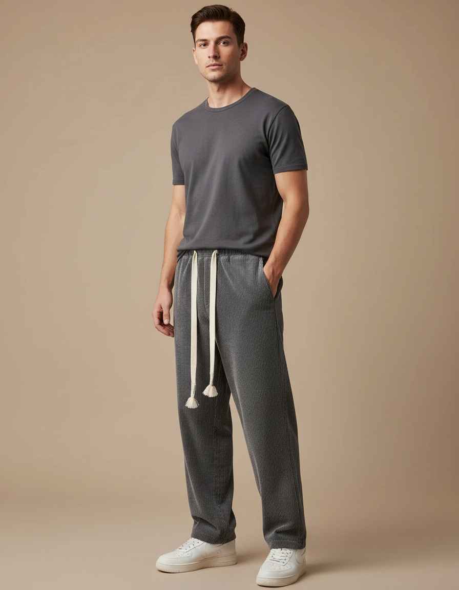 Pantalon Japonais Velours Côtelé Gris Ample Décontracté Cordon - Cordé