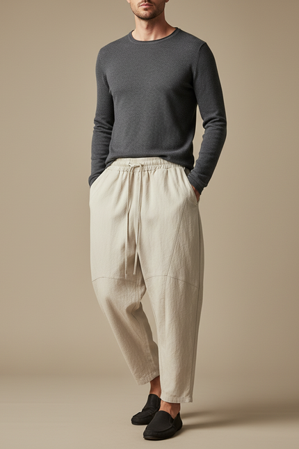 Pantalon Japonais Beige Ample Lin Décontracté Homme Confortable