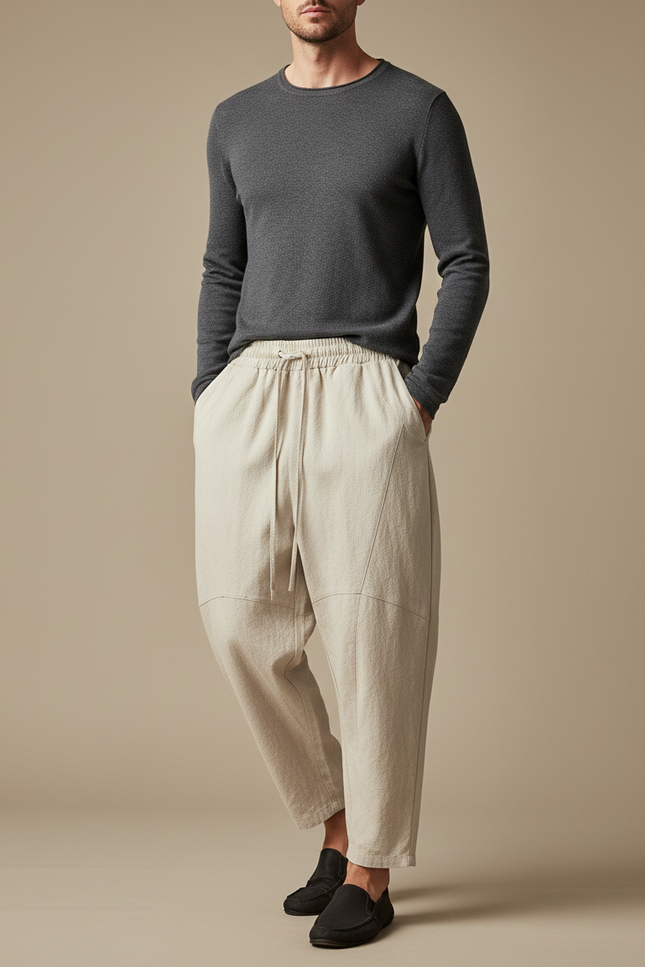 Pantalon Japonais Beige Ample Lin Décontracté Homme Confortable