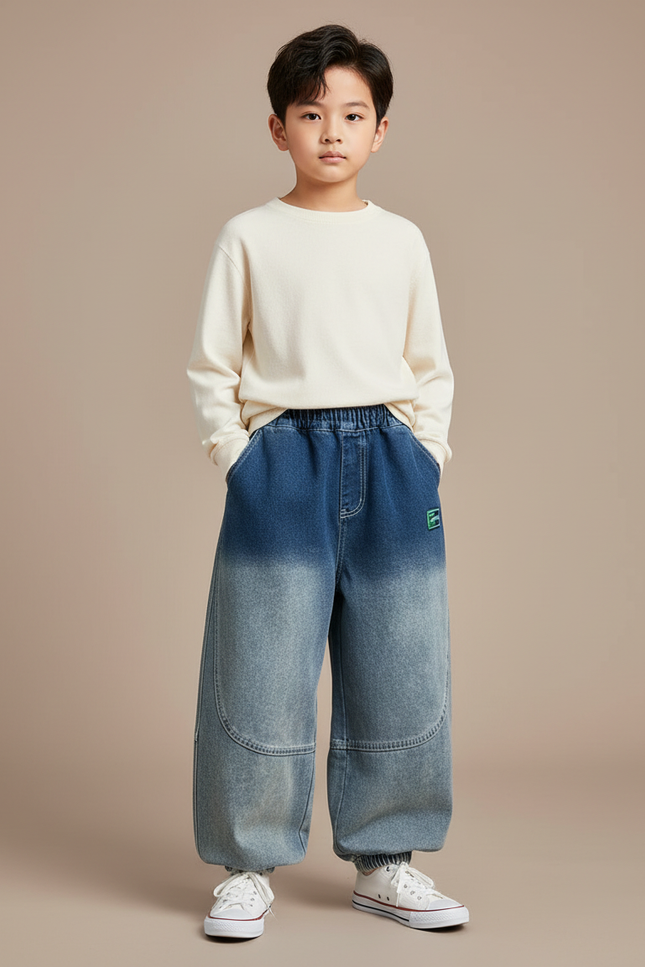 Pantalon Japonais Dégradé Denim Ample Élastique Patchwork - Bleu Jean