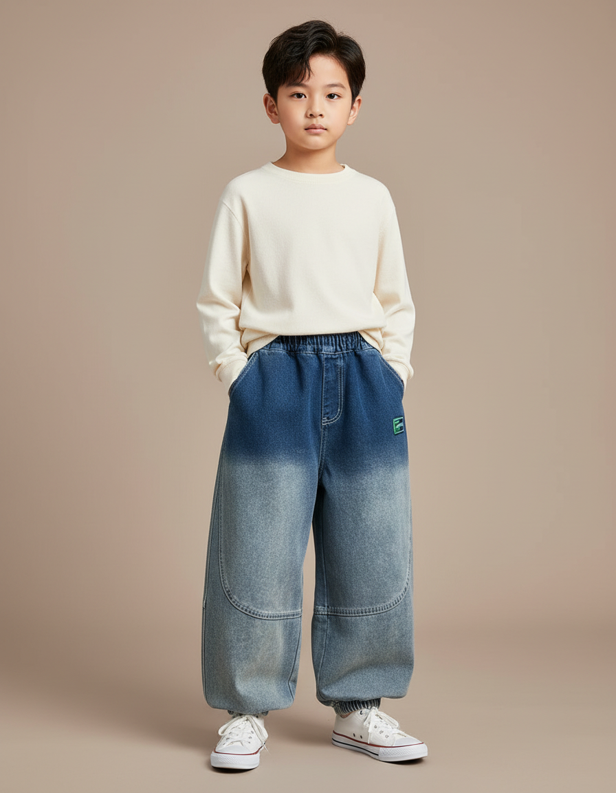 Pantalon Japonais Dégradé Denim Ample Élastique Patchwork - Bleu Jean