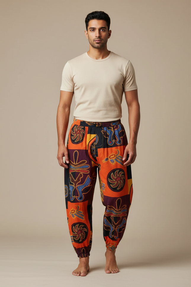 Pantalon Japonais Sarouel Ample Imprimé Ethnique Homme Coton