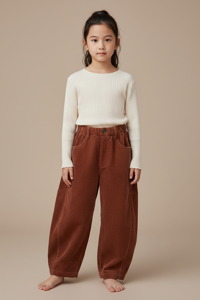 Pantalon Japonais Marron Côtelé Ample Élastique Enfant - Cordé