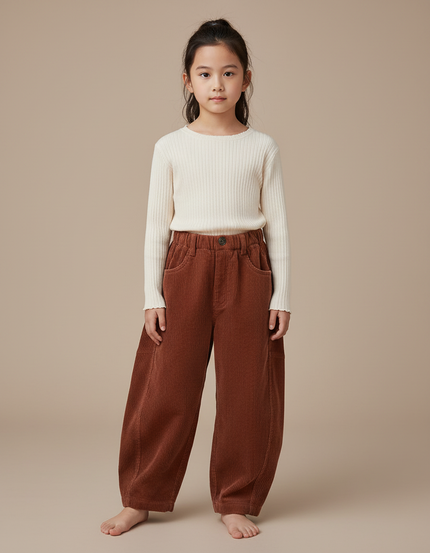 Pantalon Japonais Marron Côtelé Ample Élastique Enfant - Cordé