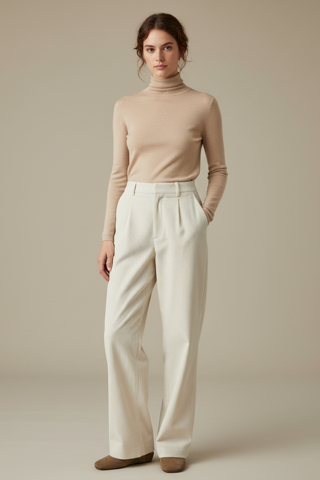 Pantalon Japonais Velours Côtelé Crème Ample Droit - Beige Cordé