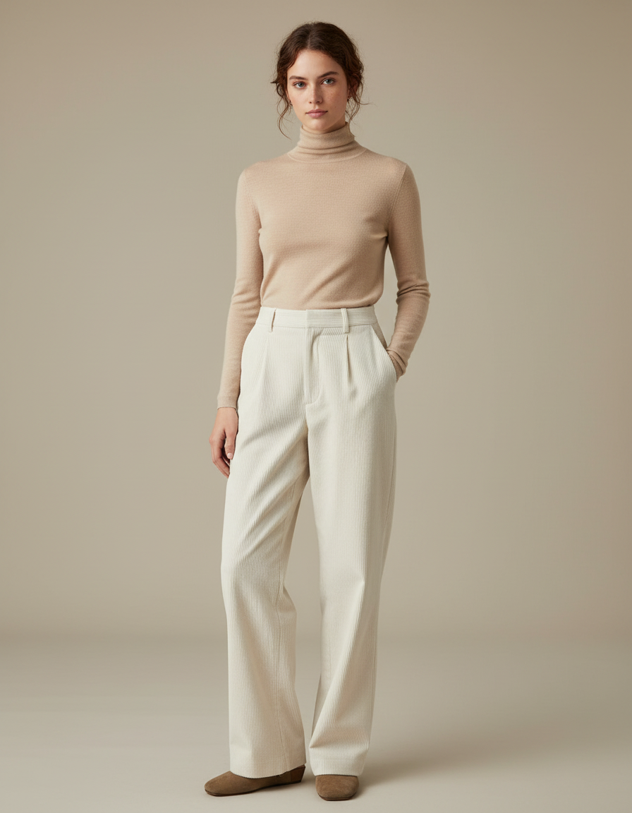 Pantalon Japonais Velours Côtelé Crème Ample Droit - Beige Cordé