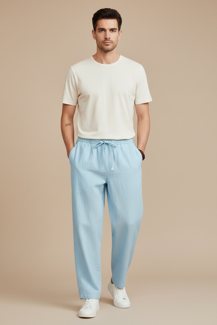 Pantalon Japonais Bleu Ciel Ample Lin Coton Homme