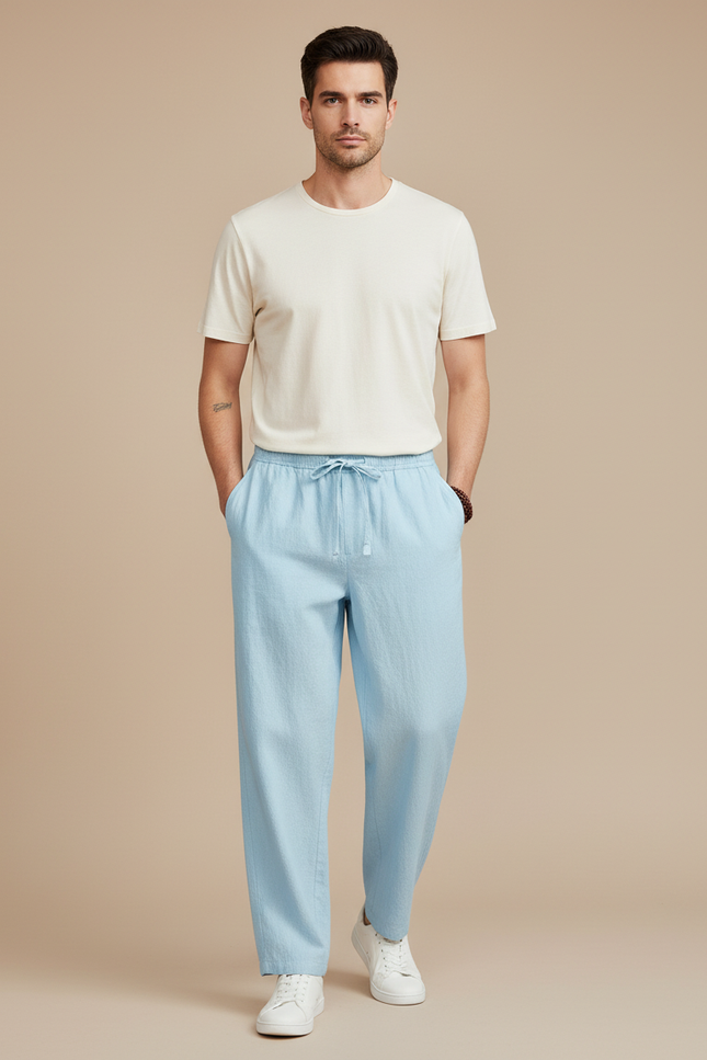 Pantalon Japonais Bleu Ciel Ample Lin Coton Homme