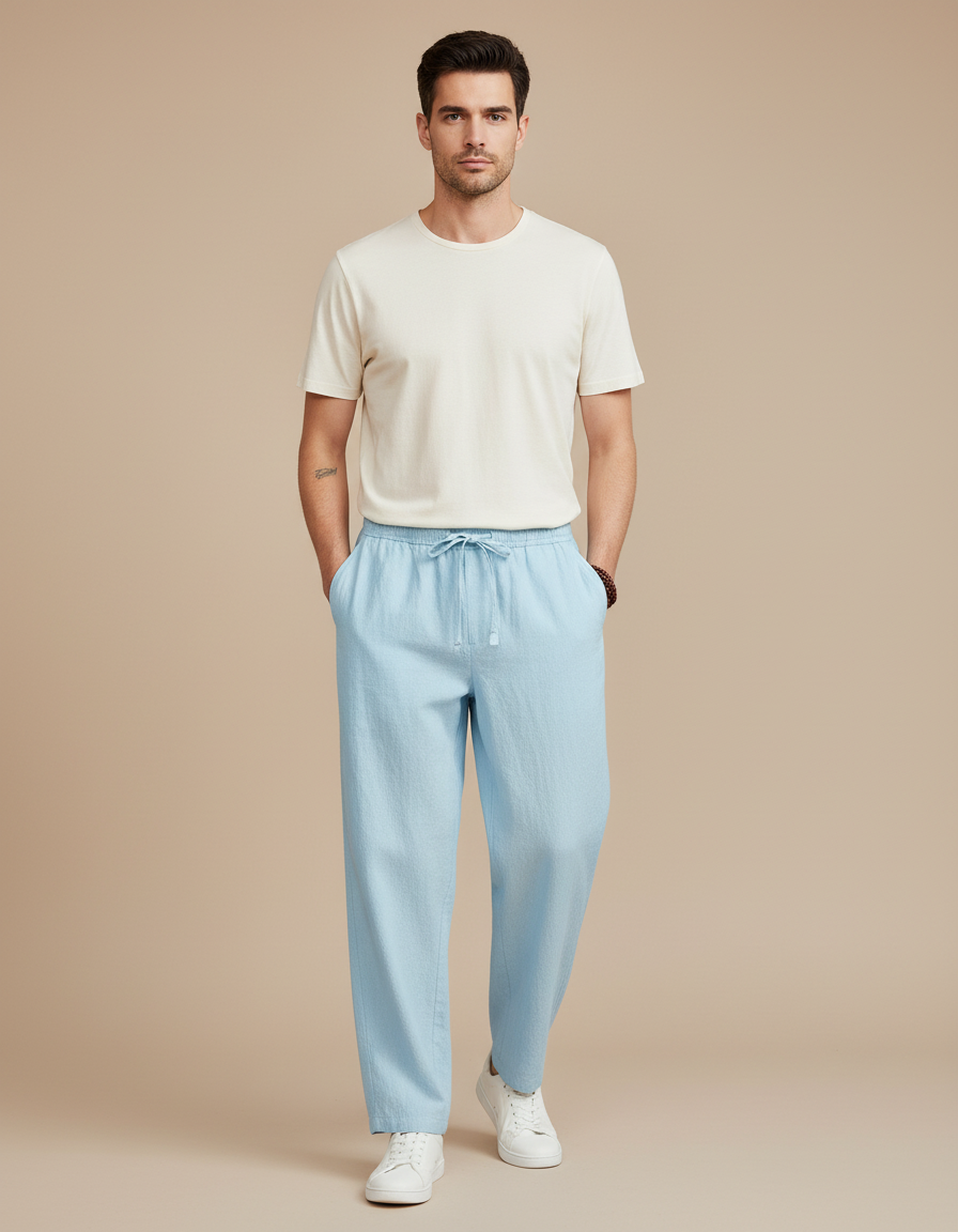 Pantalon Japonais Bleu Ciel Ample Lin Coton Homme