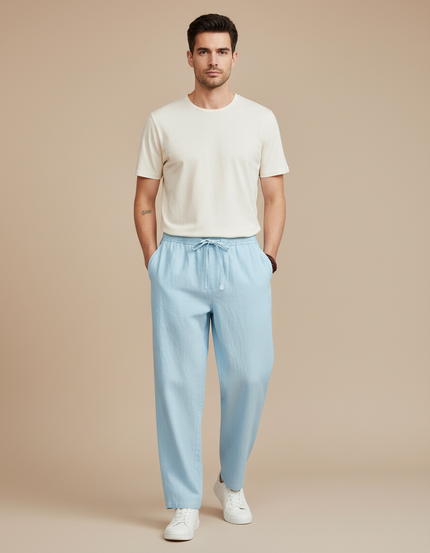 Pantalon Japonais Bleu Ciel Ample Lin Coton Homme