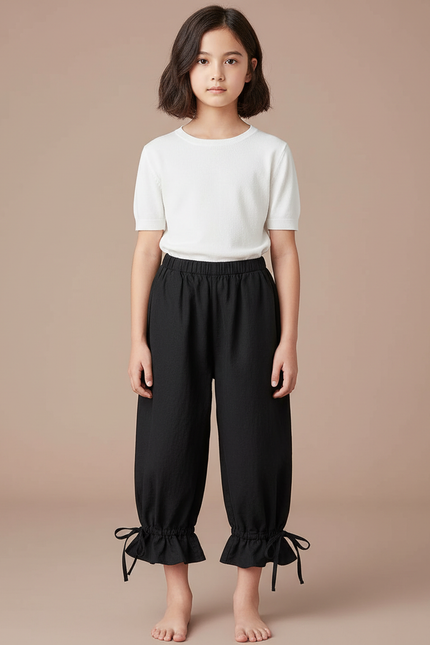 Pantalon Japonais Noir Fluide Ample Volants Fille - Lin