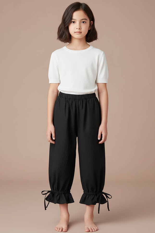 Pantalon Japonais Noir Fluide Ample Volants Fille - Lin