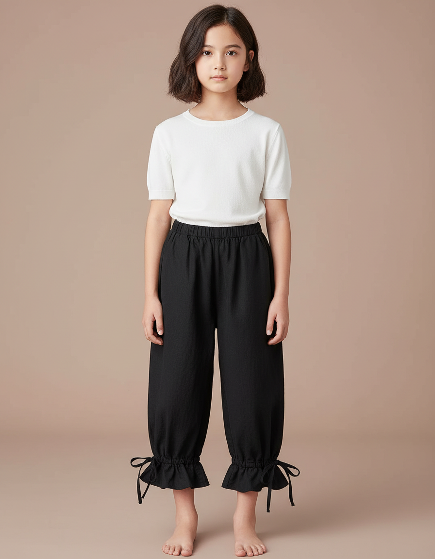 Pantalon Japonais Noir Fluide Ample Volants Fille - Lin