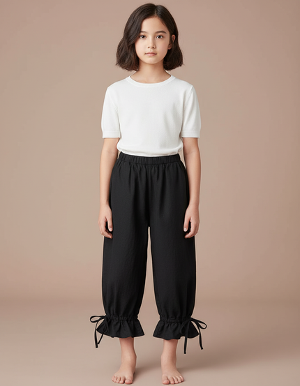 Pantalon Japonais Noir Fluide Ample Volants Fille - Lin