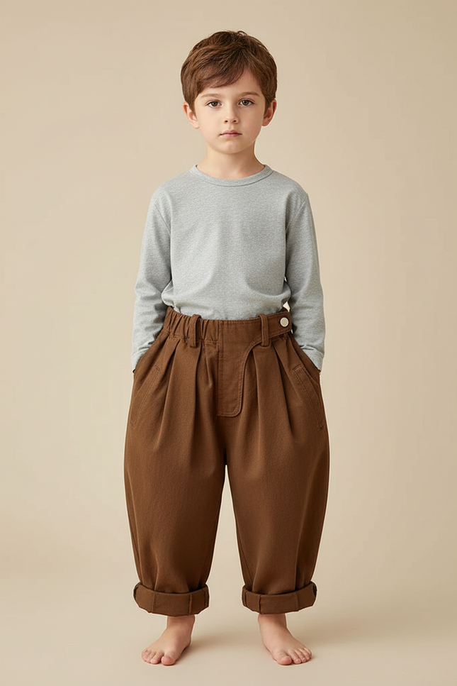 Pantalon Japonais Marron Ample Plissé Coton Enfant