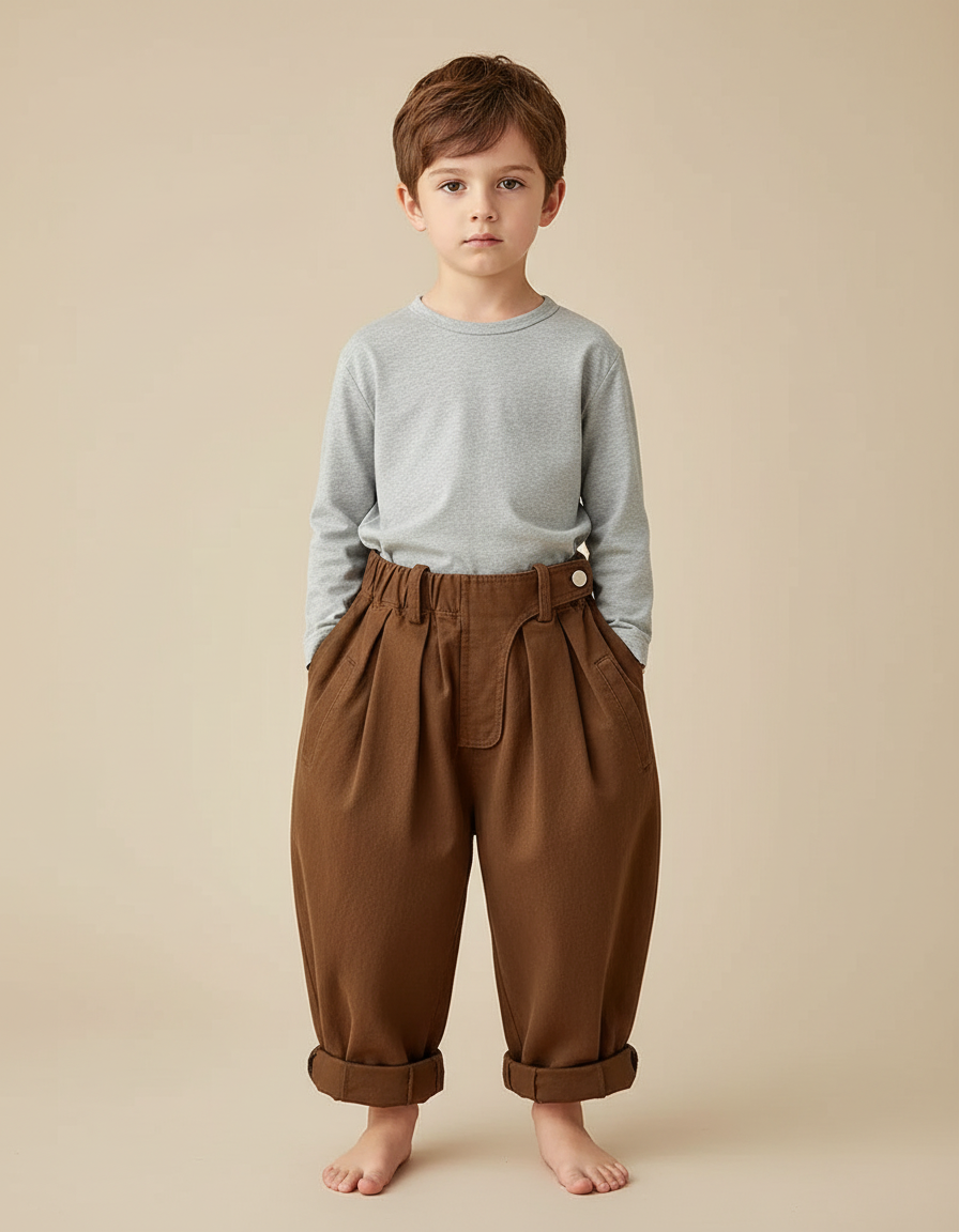 Pantalon Japonais Marron Ample Plissé Coton Enfant
