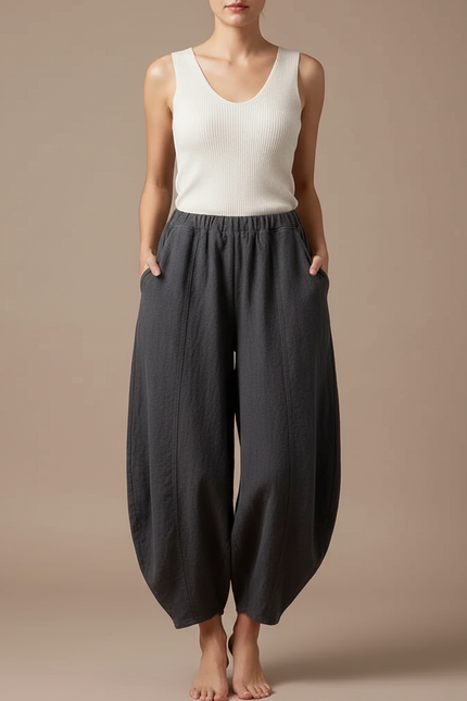 Pantalon Japonais Gris Ample Lin Fluide Femme