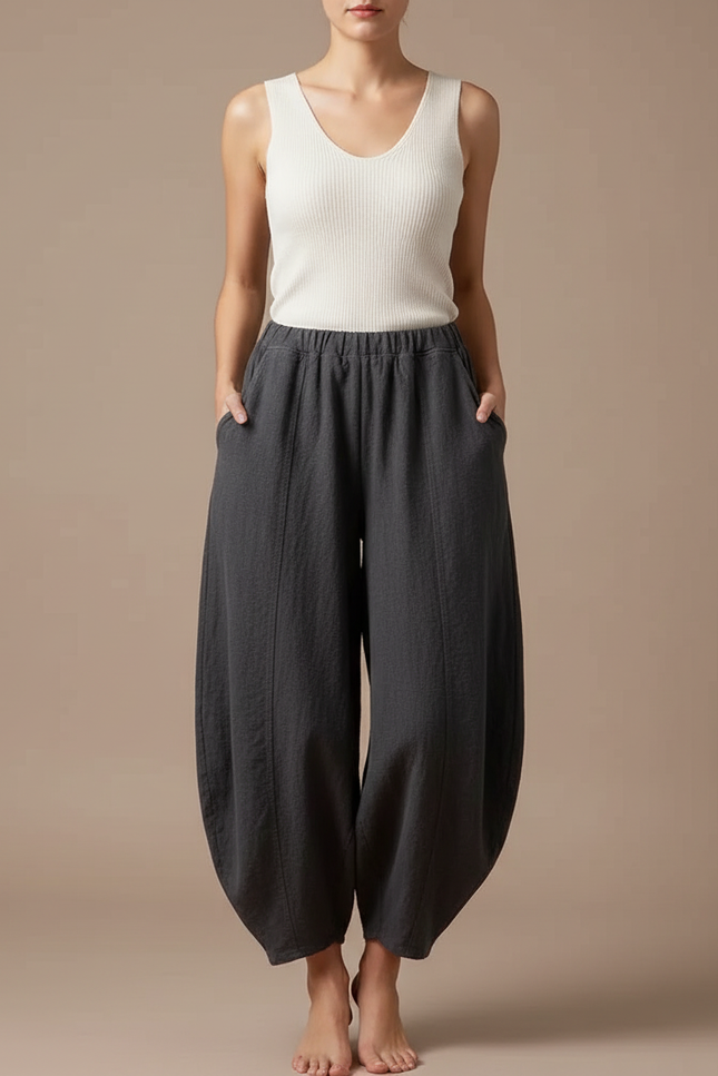 Pantalon Japonais Gris Ample Lin Fluide Femme