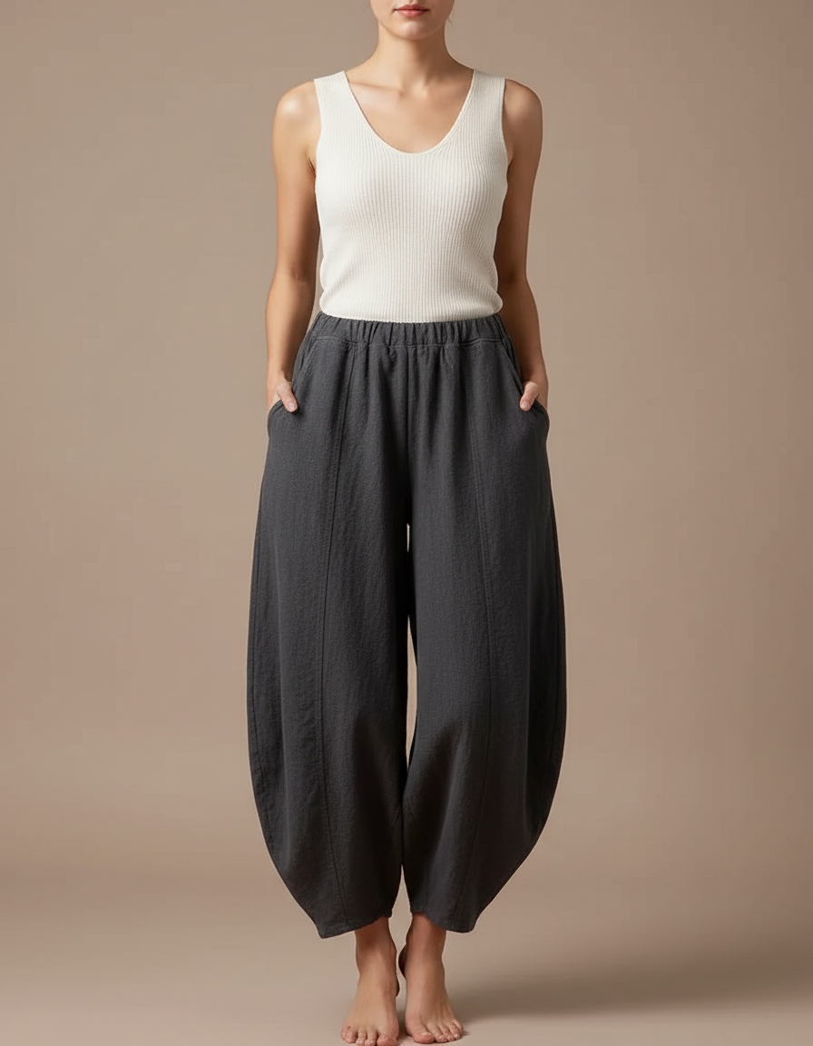 Pantalon Japonais Gris Ample Lin Fluide Femme