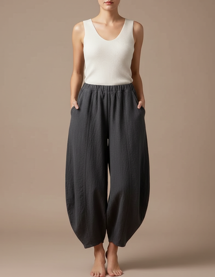 Pantalon Japonais Gris Ample Lin Fluide Femme
