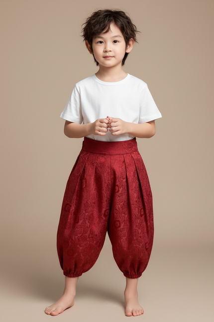 Pantalon Japonais Rouge Brodé Ample Bouffant Enfant - Soie