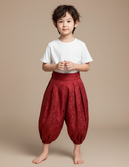 Pantalon Japonais Rouge Brodé Ample Bouffant Enfant - Soie