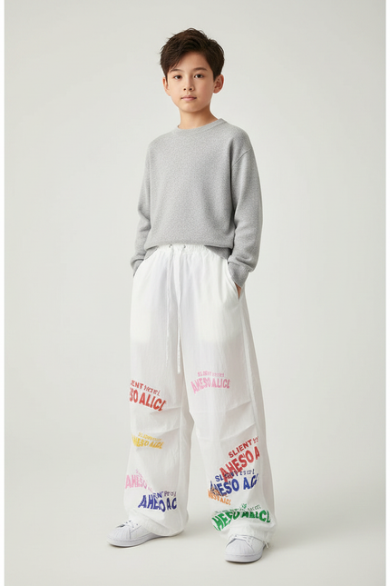 Pantalon Japonais Blanc Ample Lettres Colorées Garçon - Polyester
