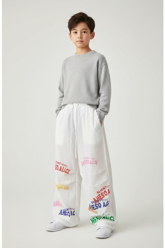 Pantalon Japonais Blanc Ample Lettres Colorées Garçon - Polyester