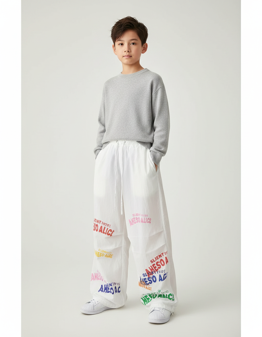Pantalon Japonais Blanc Ample Lettres Colorées Garçon - Polyester