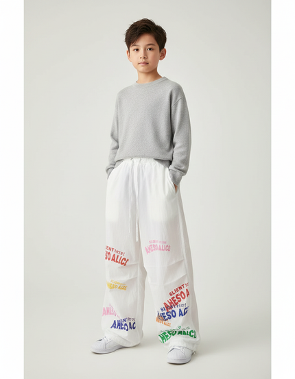 Pantalon Japonais Blanc Ample Lettres Colorées Garçon - Polyester