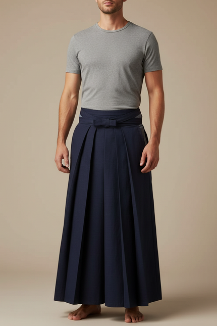 Pantalon Japonais Bleu Marine Plissé Ample Traditionnel Homme - Gabardine