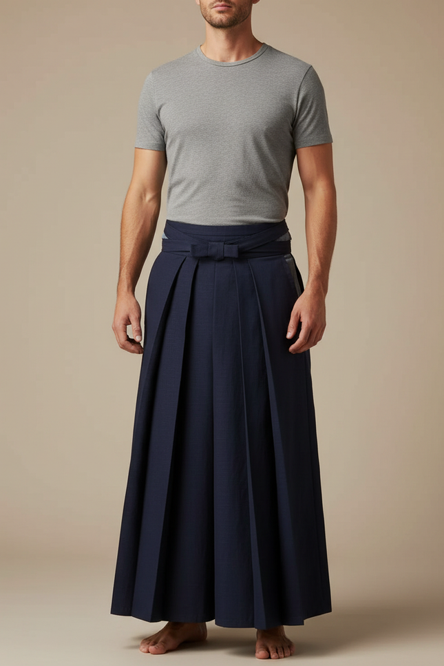 Pantalon Japonais Bleu Marine Plissé Ample Traditionnel Homme - Gabardine