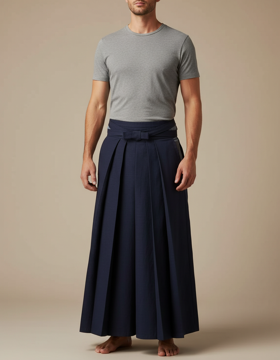 Pantalon Japonais Bleu Marine Plissé Ample Traditionnel Homme - Gabardine