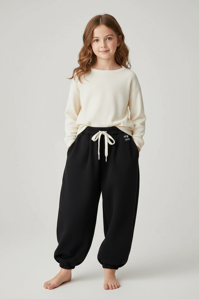 Pantalon Japonais Noir Ample Molletonné Cordon Enfant
