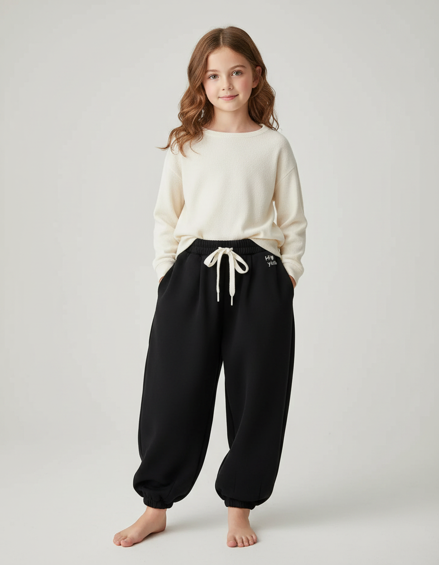 Pantalon Japonais Noir Ample Molletonné Cordon Enfant