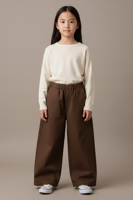 Pantalon Japonais Marron Coton Ample Enfant Uni - Toile