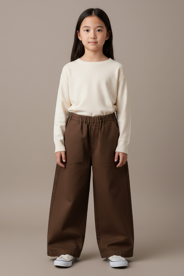 Pantalon Japonais Marron Coton Ample Enfant Uni - Toile