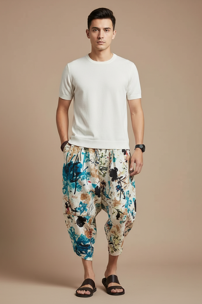 Pantalon Japonais Imprimé Sarouel Lin Ample Décontracté