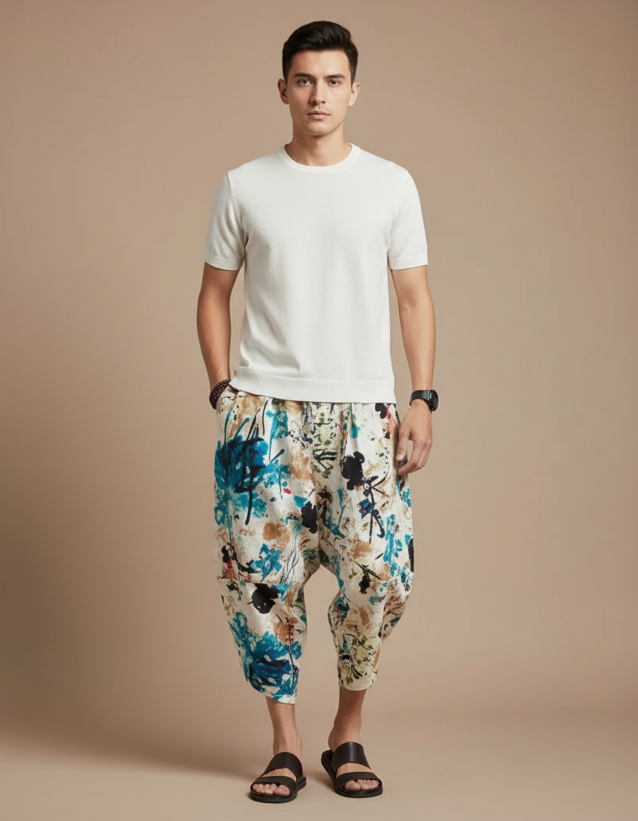 Pantalon Japonais Imprimé Sarouel Lin Ample Décontracté