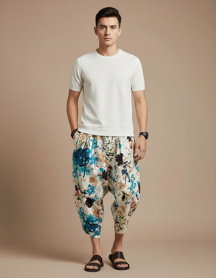 Pantalon Japonais Imprimé Sarouel Lin Ample Décontracté