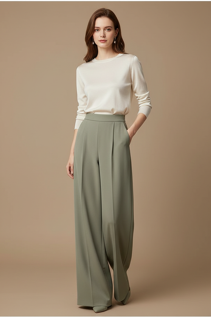 Pantalon Japonais Vert Ample Fluide Taille Haute Élégant - Kaki Polyester