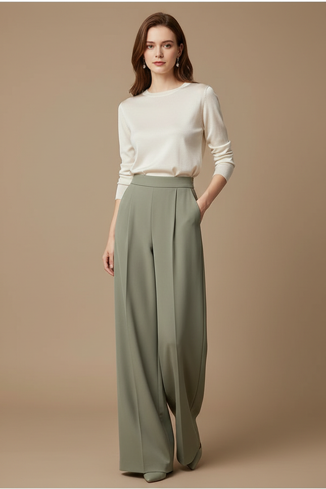 Pantalon Japonais Vert Ample Fluide Taille Haute Élégant - Kaki Polyester